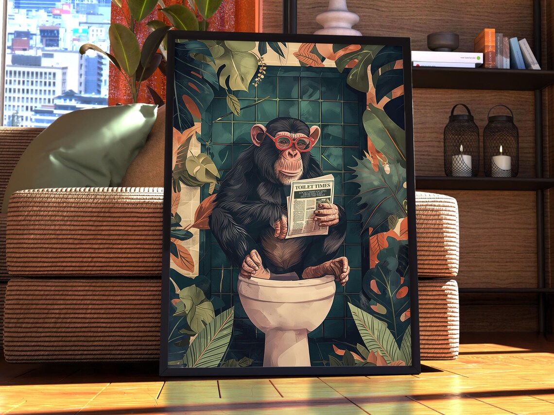 Chimp on Toilet Bathroom Funny Animal Poster Print
