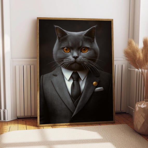British Shorthair Suit Portrait Cat Poster Pet Funny Wall Art Grey Gift For