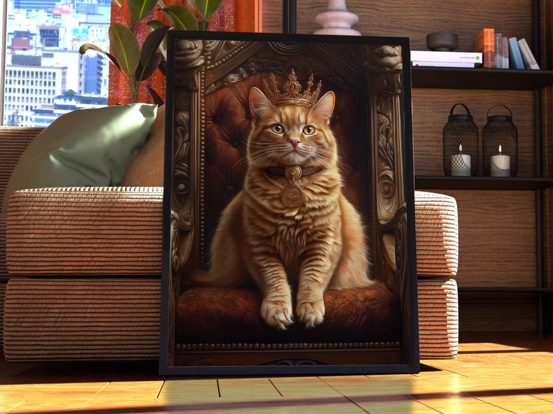 Ginger Tabby Cat Wearing a Crown on Regal Throne Portrait Poster