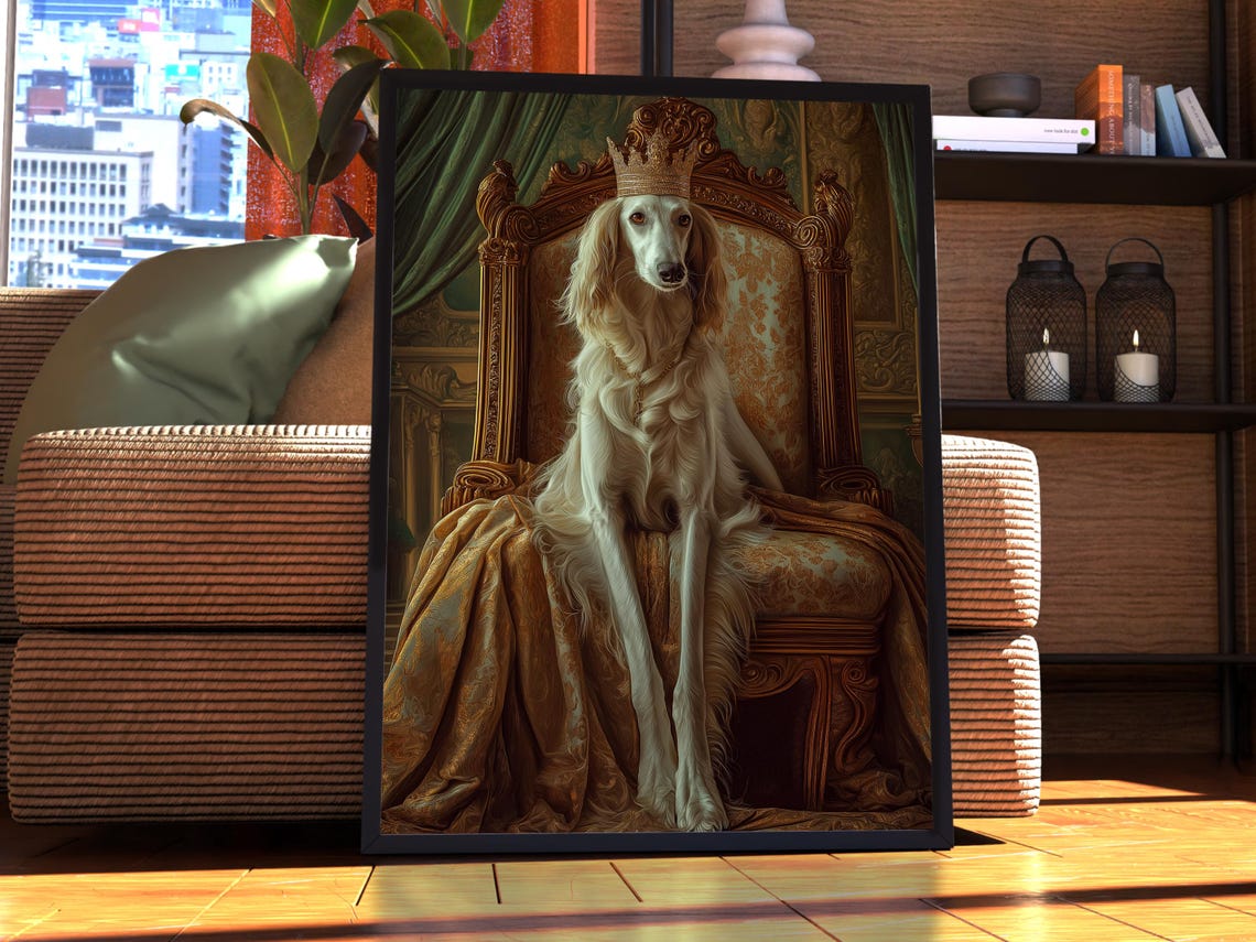 Borzoi Dog King Royal Crown Portrait On Ornate Throne Poster