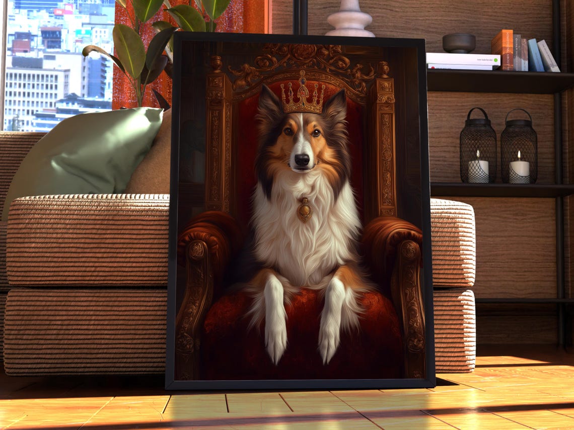 Sheltie King Wearing a Golden Crown Seated on a Royal Throne Wall Art
