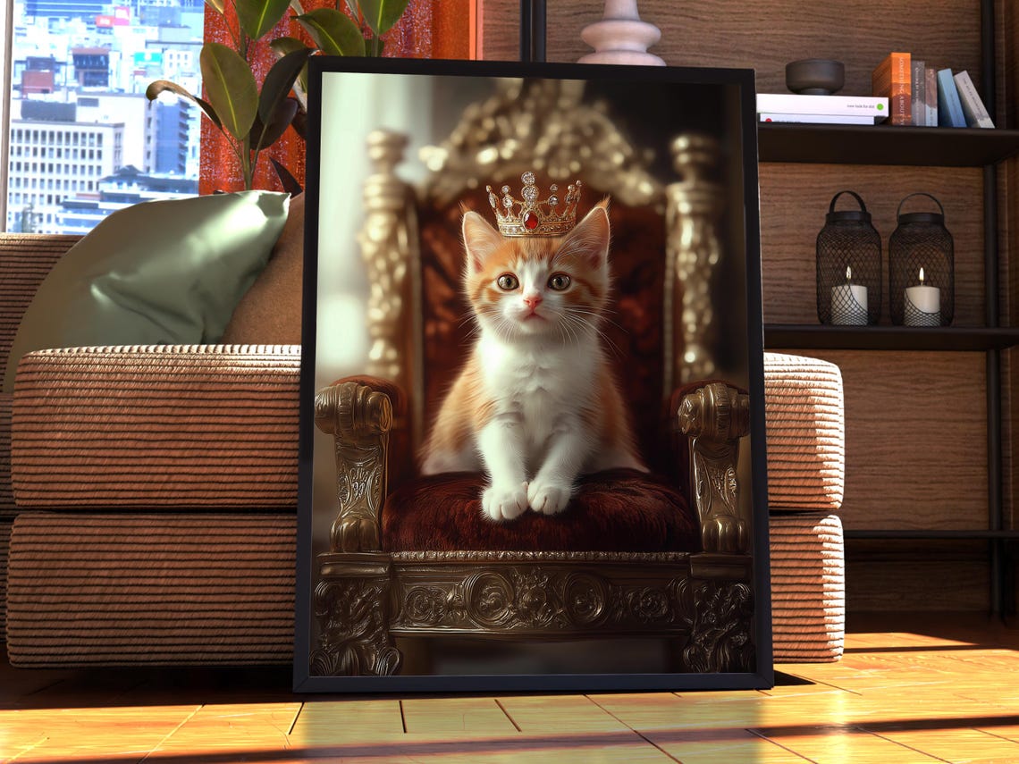 Ginger White Kitten Royal Portrait Crown Velvet Throne Pet Poster