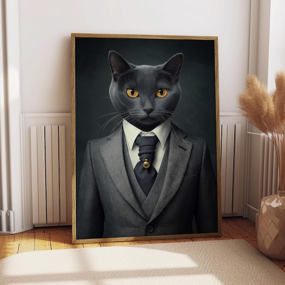 Black Cat in a Charcoal Suit and Tie Distinguished Pet Portrait Poster