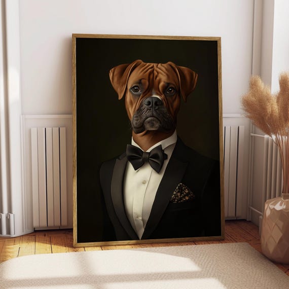 Fawn Boxer Suit Portrait Dog Poster Funny Art Custom Pet Wall Gift For Lover