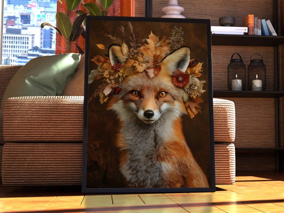 Maximalist Fox Floral Animal Print Poster