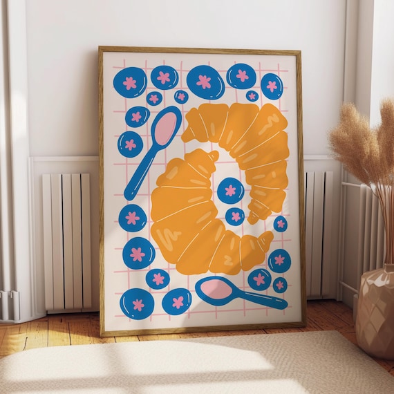 Croissant Breakfast Illustration Pop Art Blueberry Pattern Kitchen Poster