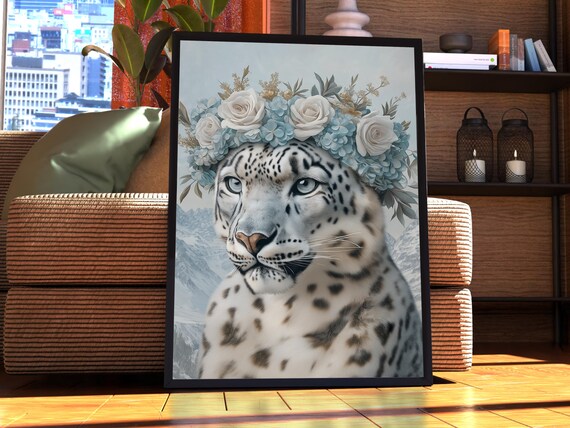 Maximalist Snow Leopard Poster Floral Animal Print Wall Art Portrait Vintage Funky Colourful