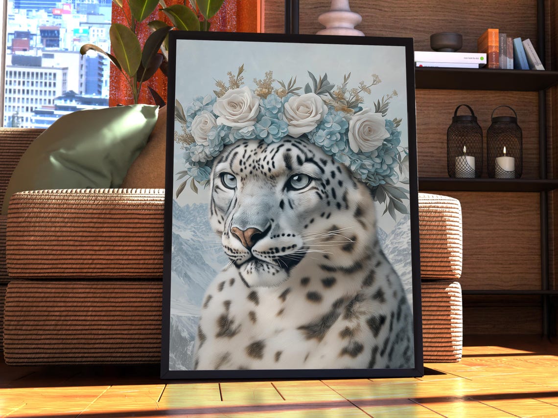 Snow Leopard White Blue Floral Crown Mountain Wildlife Portrait Poster