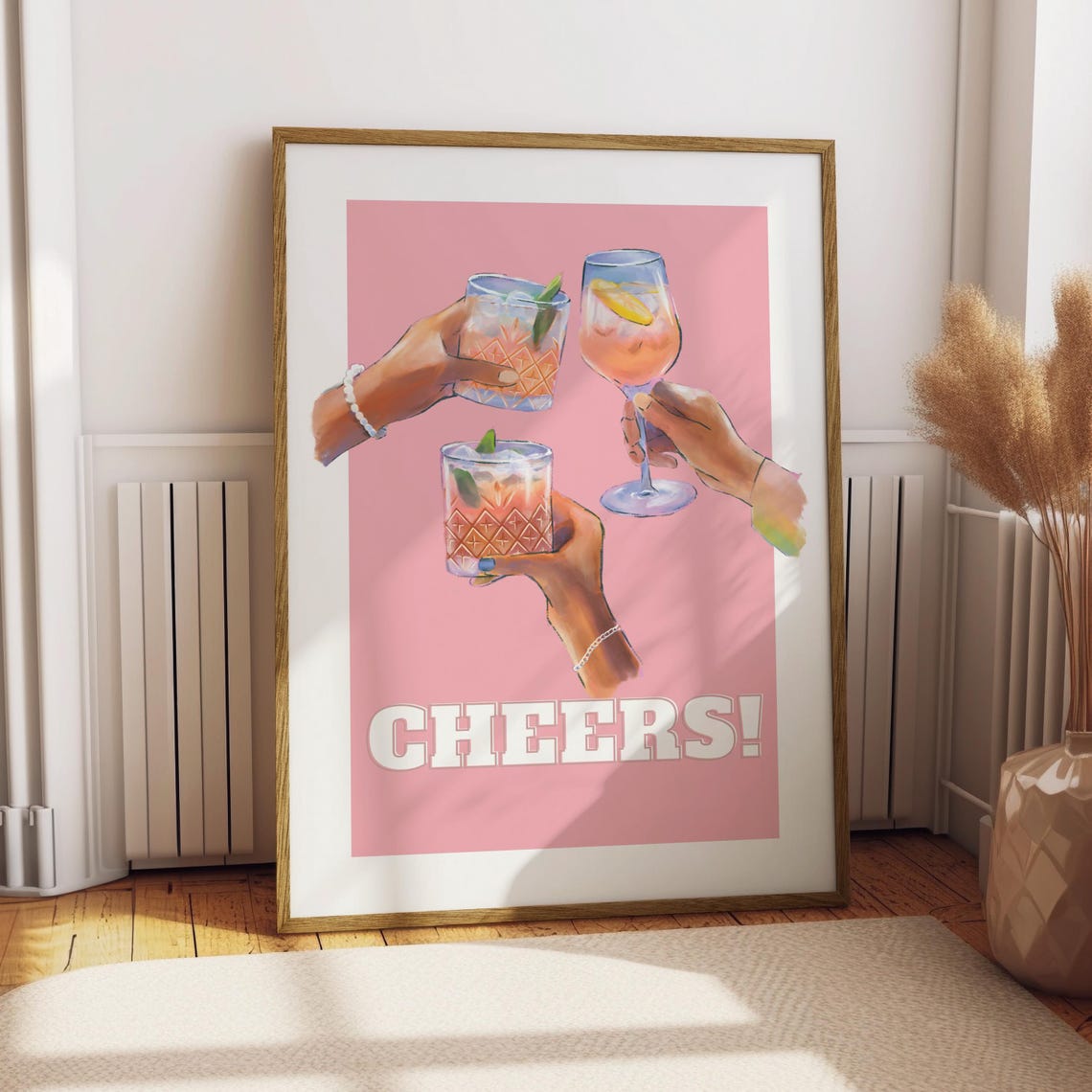 Cheers Cocktail Hands Pink Retro Bar Wall Party Fun Art Poster