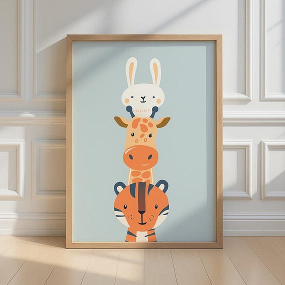Stacked Animal Poster Cute Bunny Giraffe Tiger Wall Art Kids Nursery Jungle Decor