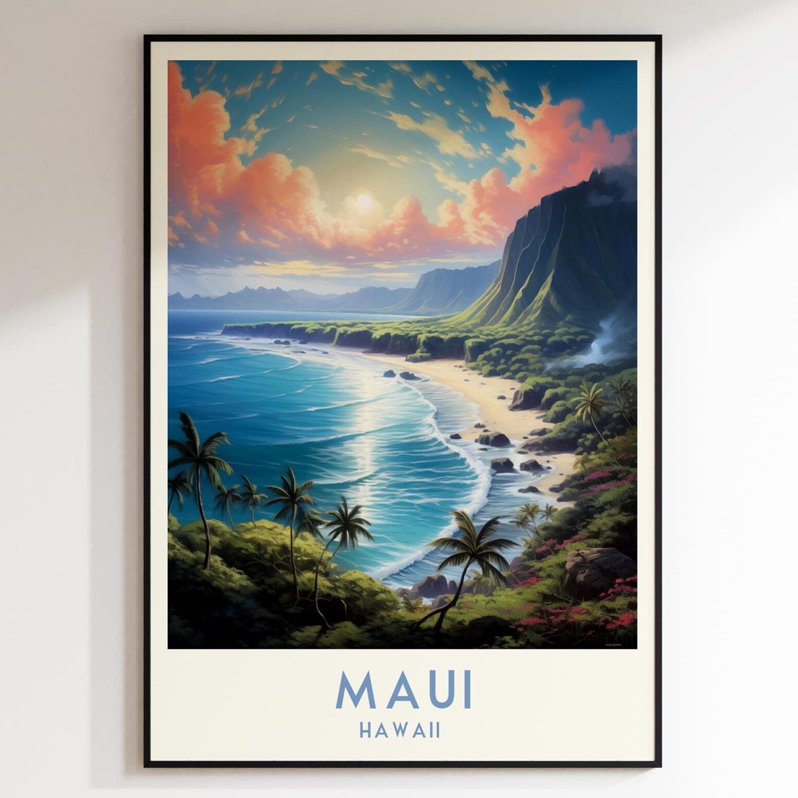 Maui Hawaii Palm Cove Pink Clouds Ocean Cliffs Travel Poster
