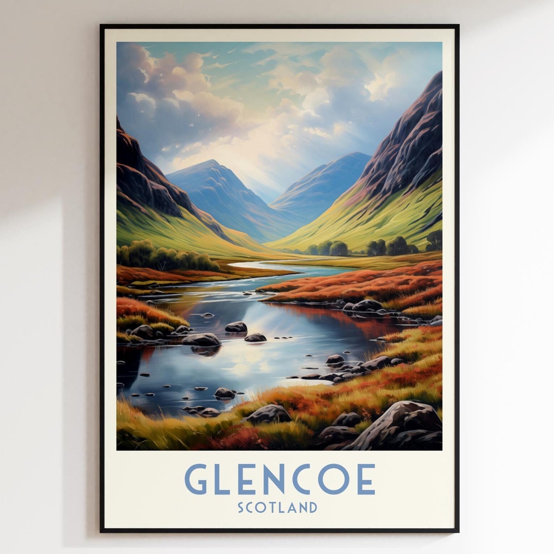 Glencoe Valley River Mist Scottish Highlands Scenic Travel Poster
