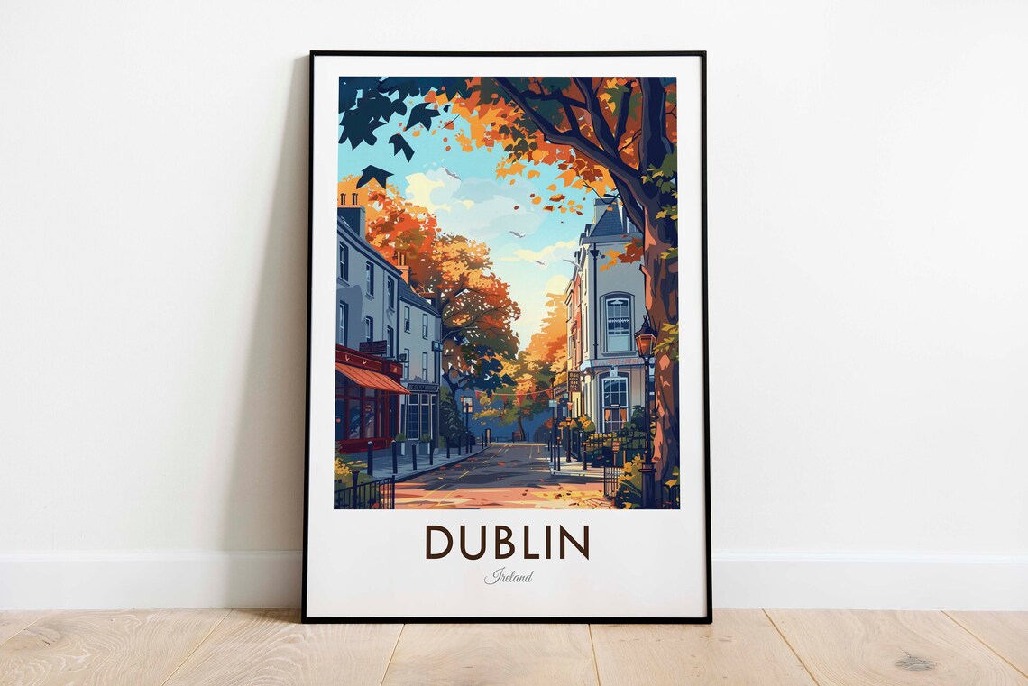 Dublin Ireland Autumn Leaves Golden Tree Lined Street Travel Poster
