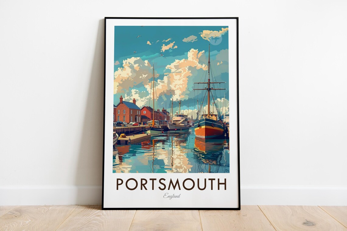 Portsmouth England Historic Harbour Tall Ship Vintage Travel Poster