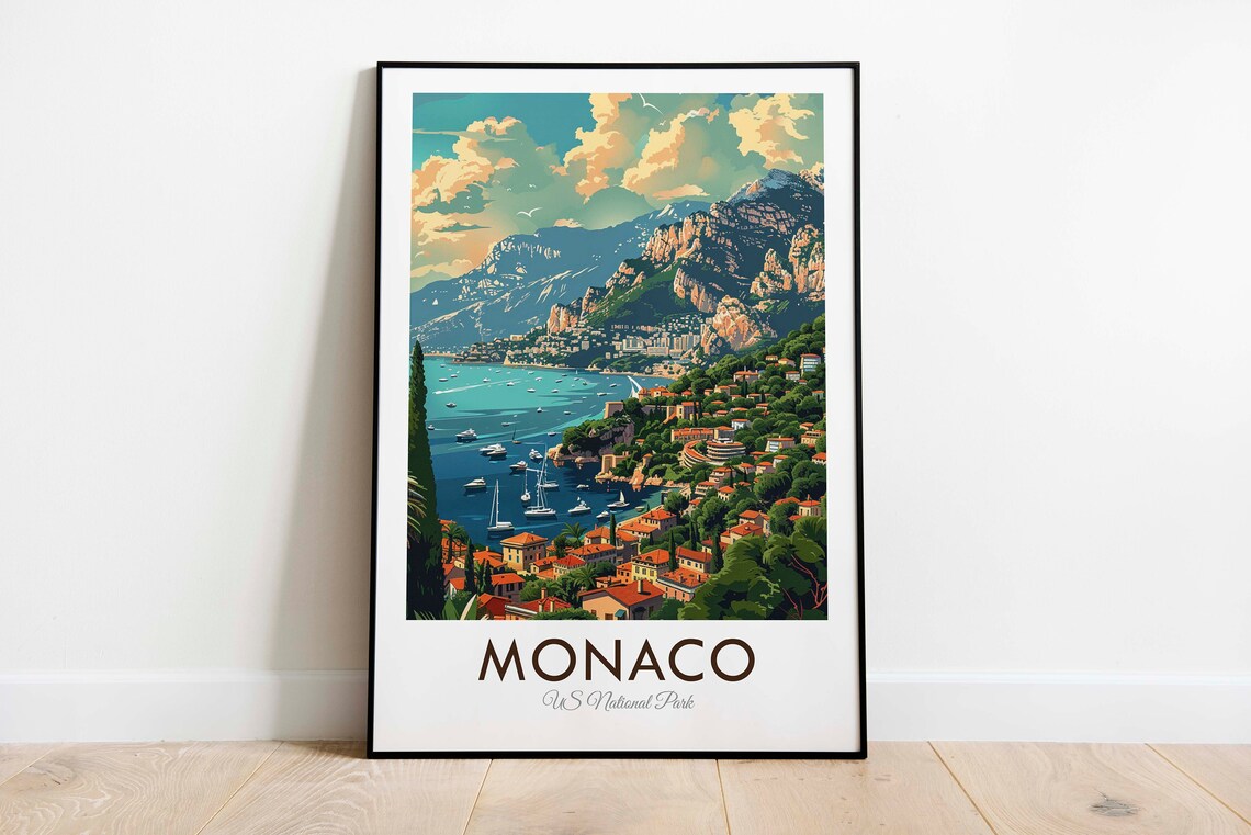 Monaco Mediterranean Harbor Yachts And Hillside Old Town Travel Poster