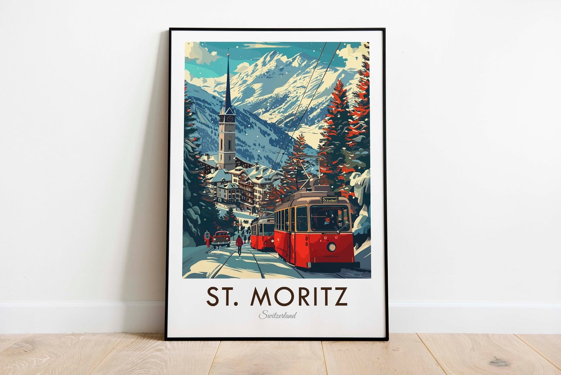 St. Moritz Switzerland Red Tram Snowy Alpine Mountains Ski Poster