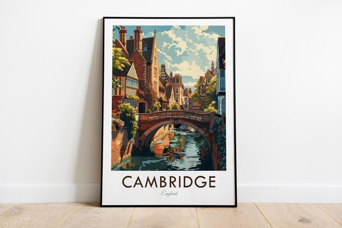 Cambridge England Historic Bridge River Tudor Vintage Travel Poster