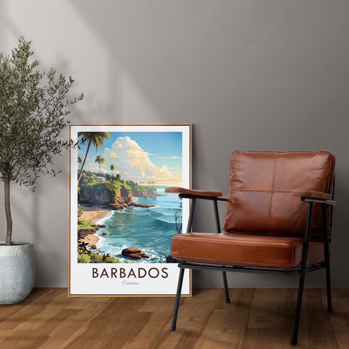 Barbados Caribbean Tropical Coastline Palm Beach Waves Vintage Art Poster - Image 2