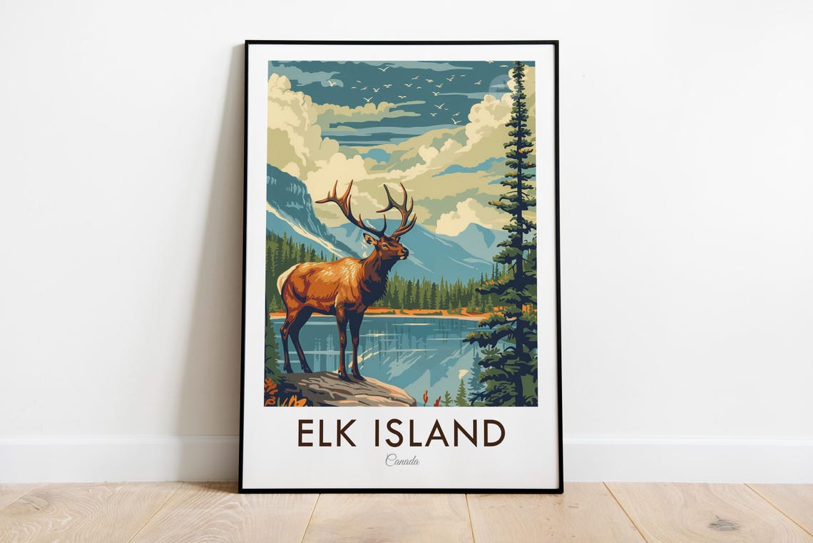 Elk Island Canada Bull Elk Mountain Lake Vintage Travel Poster
