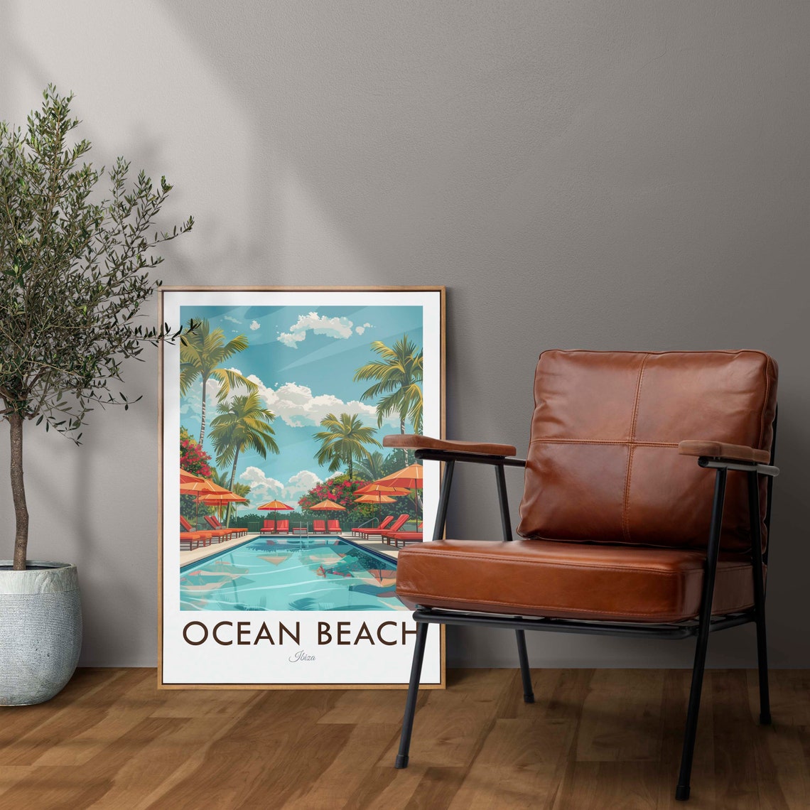 Ocean Beach Ibiza Spain Pool Palms Orange Umbrellas Travel Poster - Image 2