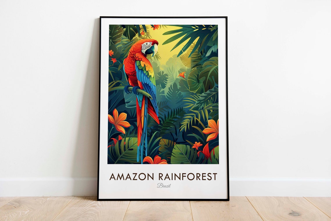 Amazon Rainforest Brazil Scarlet Macaw Parrot Jungle Travel Poster