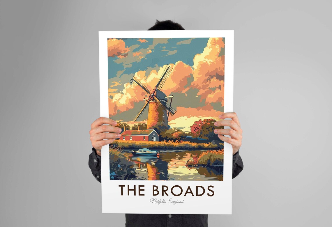 The Broads Norfolk England Vintage Windmill River Sunset Travel Poster - Image 3