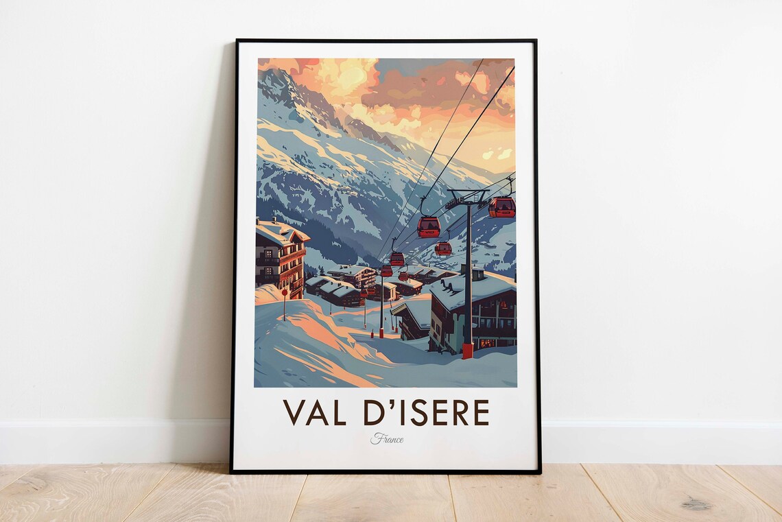 Val d'Isere France Vintage Alpine Ski Resort Gondola Sunset Poster