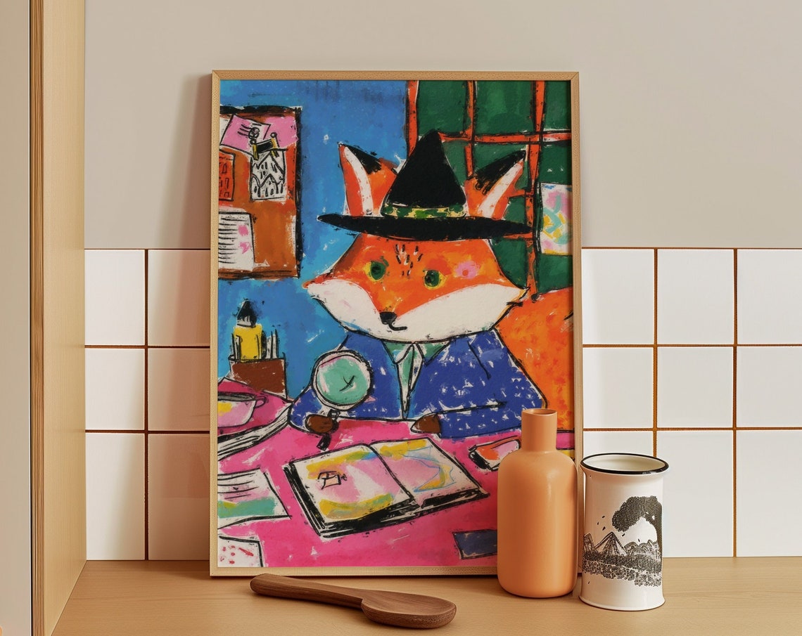 Clever Fox Detective Examining Clues With a Magnifying Glass Poster