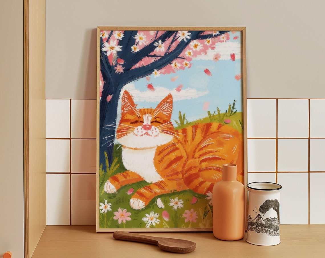 Content Ginger Cat Napping Under Falling Cherry Blossom Petals Poster