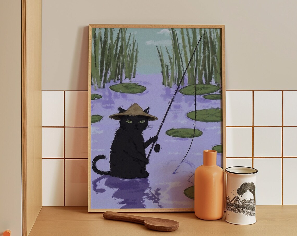 Black Cat In Straw Hat Fishing In A Lily Pond Calm Nature Art Poster
