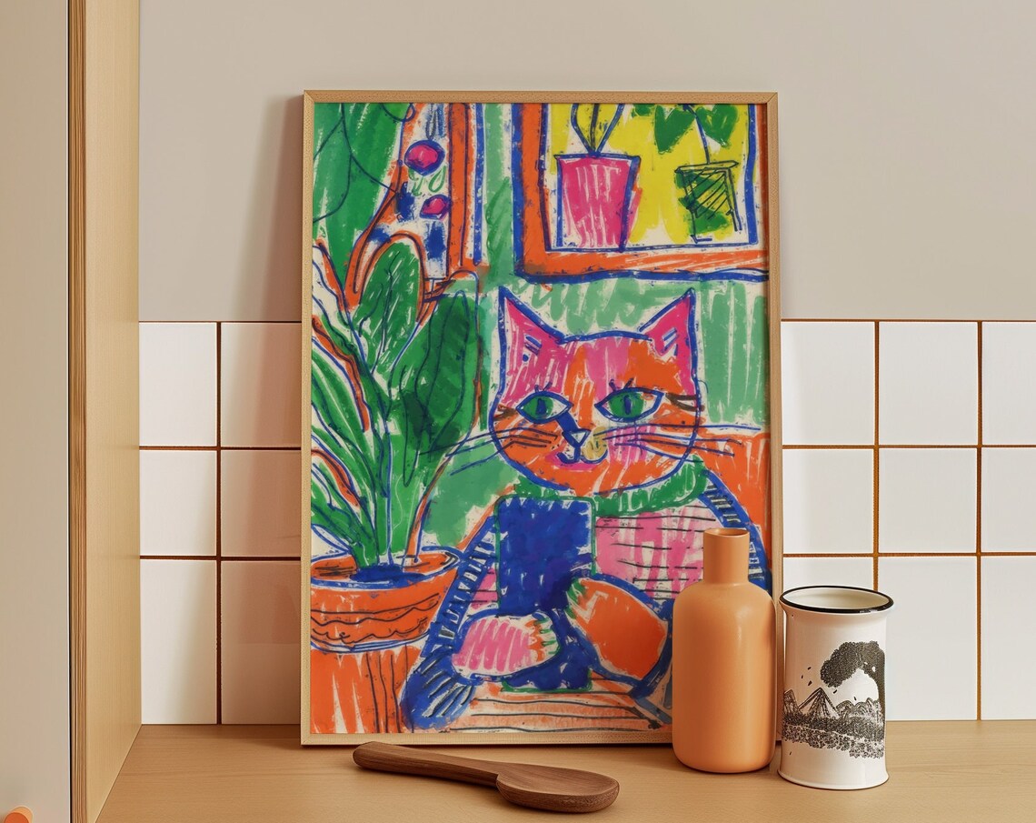 Cat Taking Selfie With Phone Colorful Cartoon Funny Cat Poster