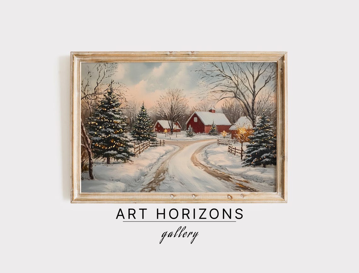 Red Barn Farm At Christmas In Snow With Lit Trees Vintage Art Poster