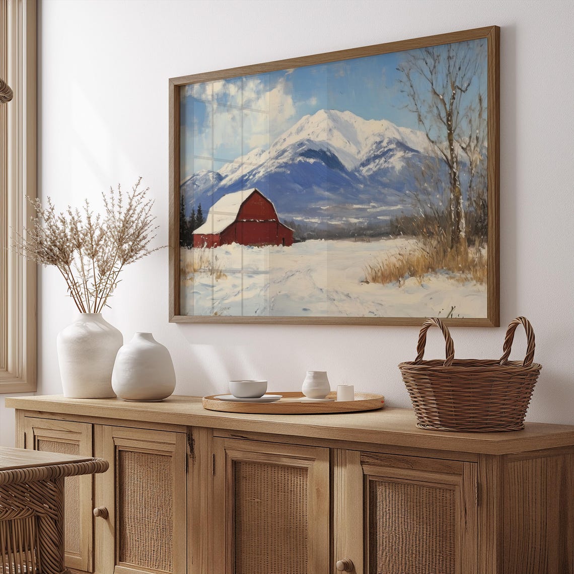 Red Barn In Snowy Field Before Snow Capped Mountains Blue Sky Poster - Image 2