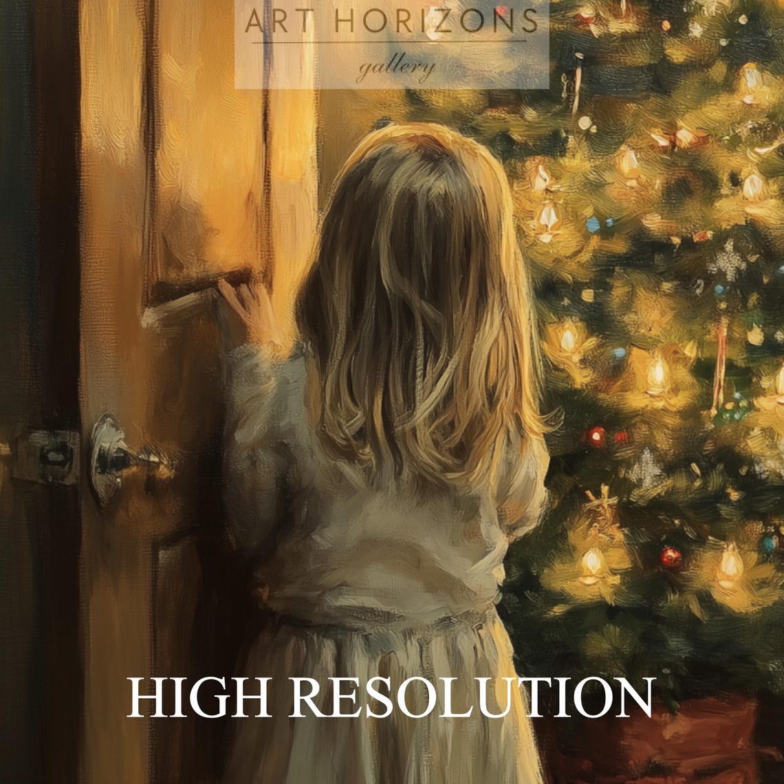 Two Children Peeking at Glowing Christmas Tree Doorway Art Print - Image 4