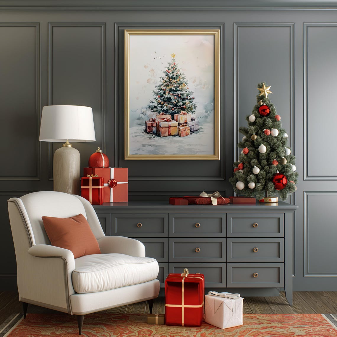 Christmas Tree Watercolor Gifts Snow Winter Farmhouse Holiday Poster - Image 3