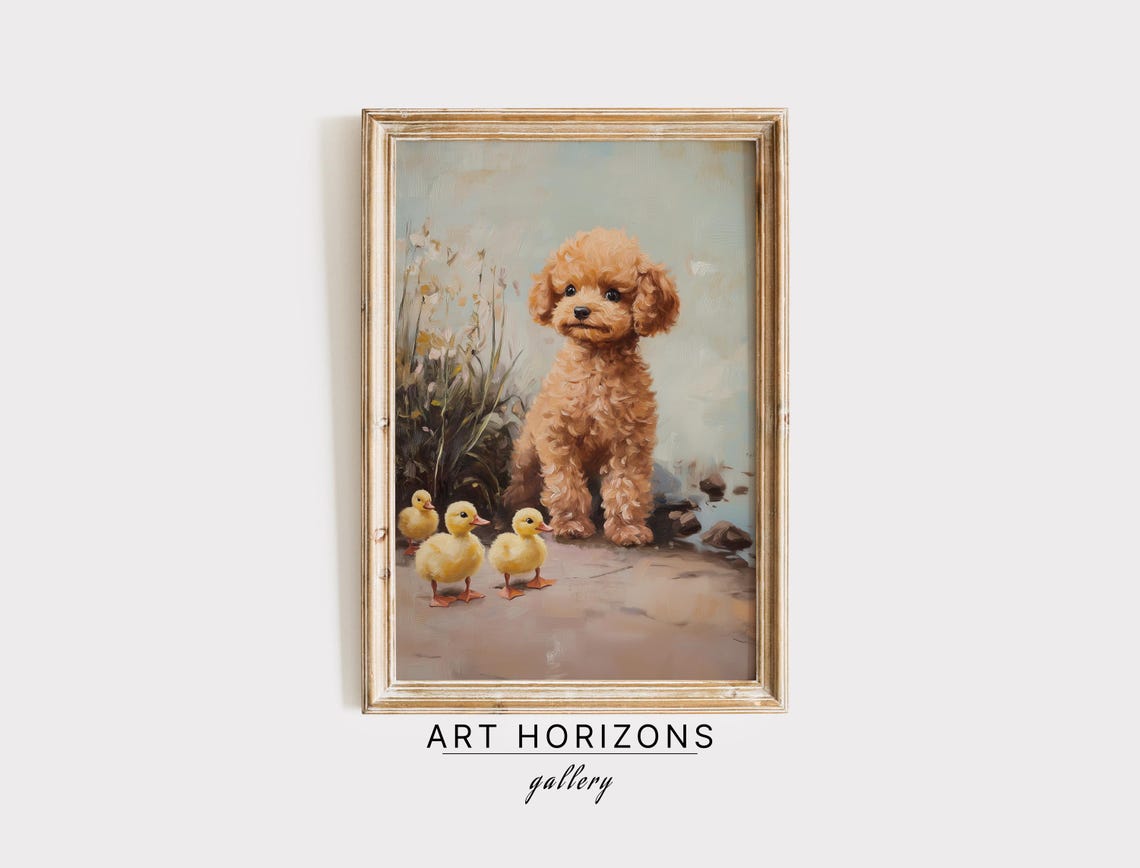Poodle Puppy Yellow Ducklings Sweet Vintage Style Animal Art Poster