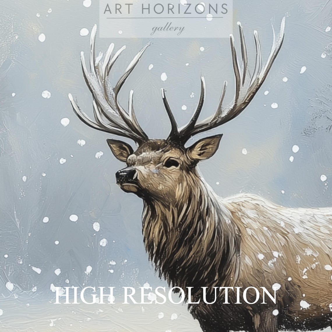 Elk Stag Snowy Winter Field Falling Snow Birch Trees Vintage Wall Art - Image 3