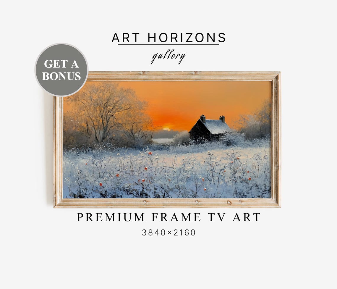 Snowy Farmhouse At Blazing Orange Sunset Winter Frame TV Art Poster