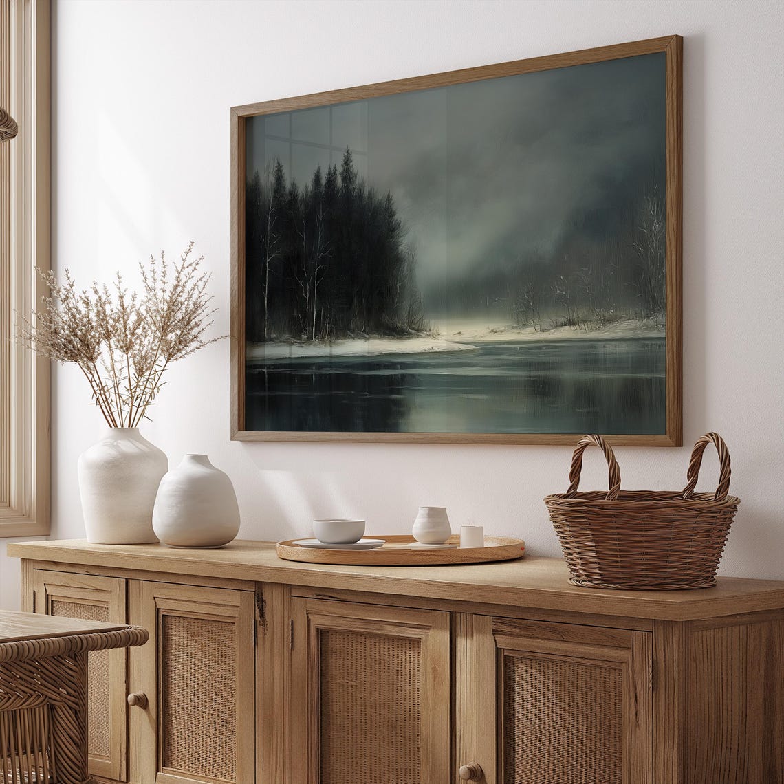 Dark Moody Winter Lake Pine Forest Dusk Vintage Atmospheric Art Poster - Image 4
