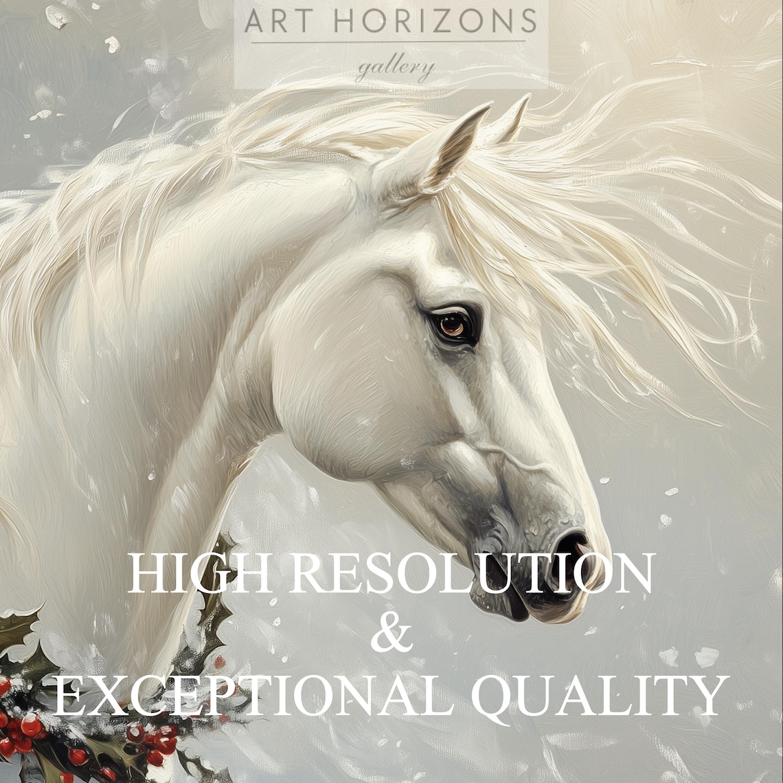 White Horse Holly Berry Garland Snowy Background Christmas Art Poster - Image 3