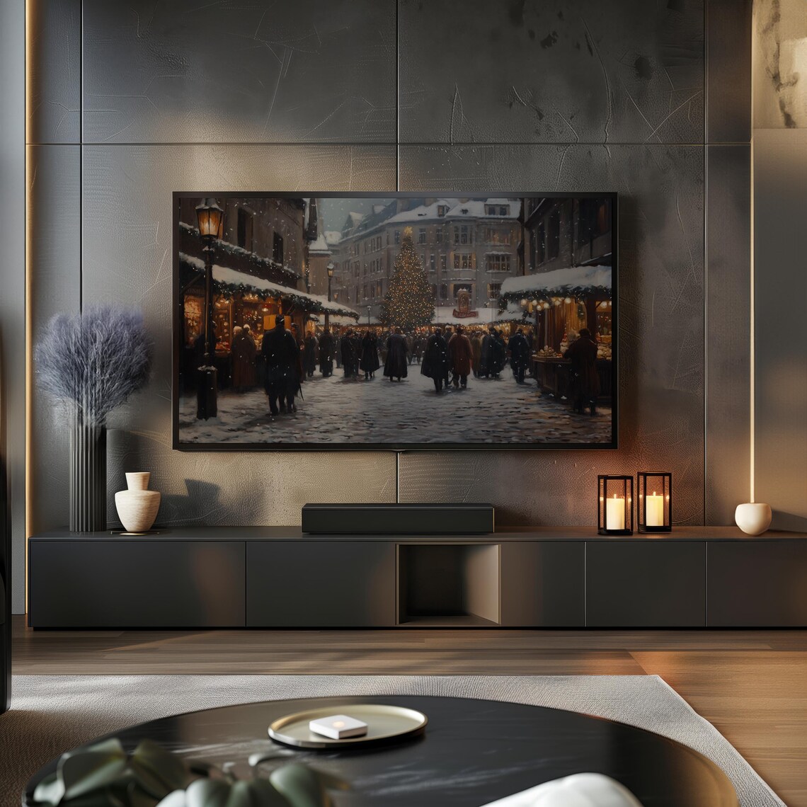 Snowy Christmas Market Street at Night Frame TV Art Travel Poster - Image 2