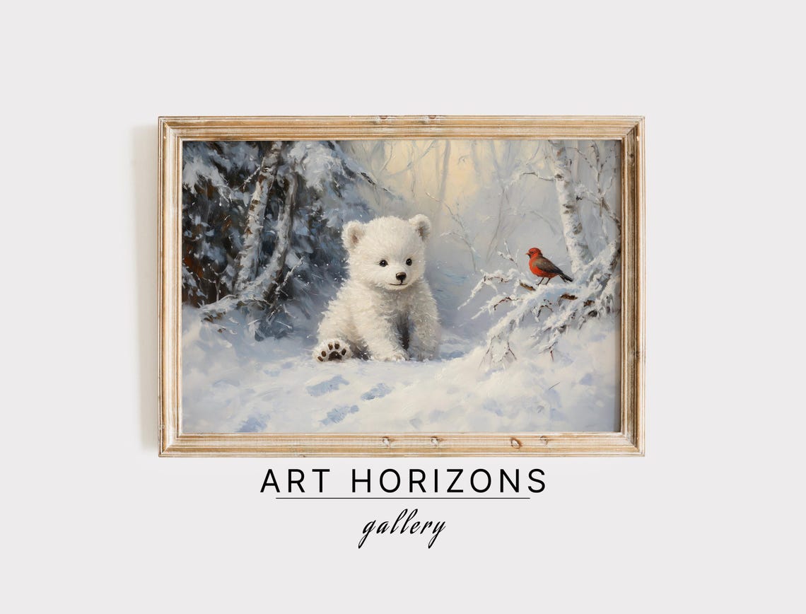 Cute Polar Bear Cub Snowy Forest Red Bird Winter Nursery Poster