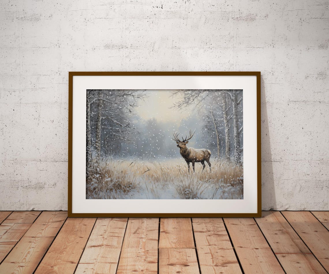 Elk Stag Snowy Winter Field Falling Snow Birch Trees Vintage Wall Art - Image 2