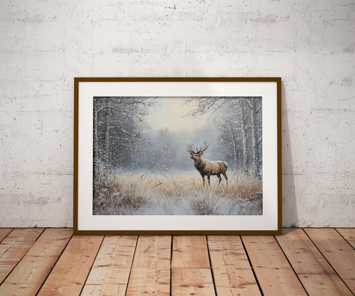 Vintage Deer In The Snowy Forest Print Winter Wall Art Deer Print Farmhouse Christmas Wall Art Country Painting Art A38 - Image 2