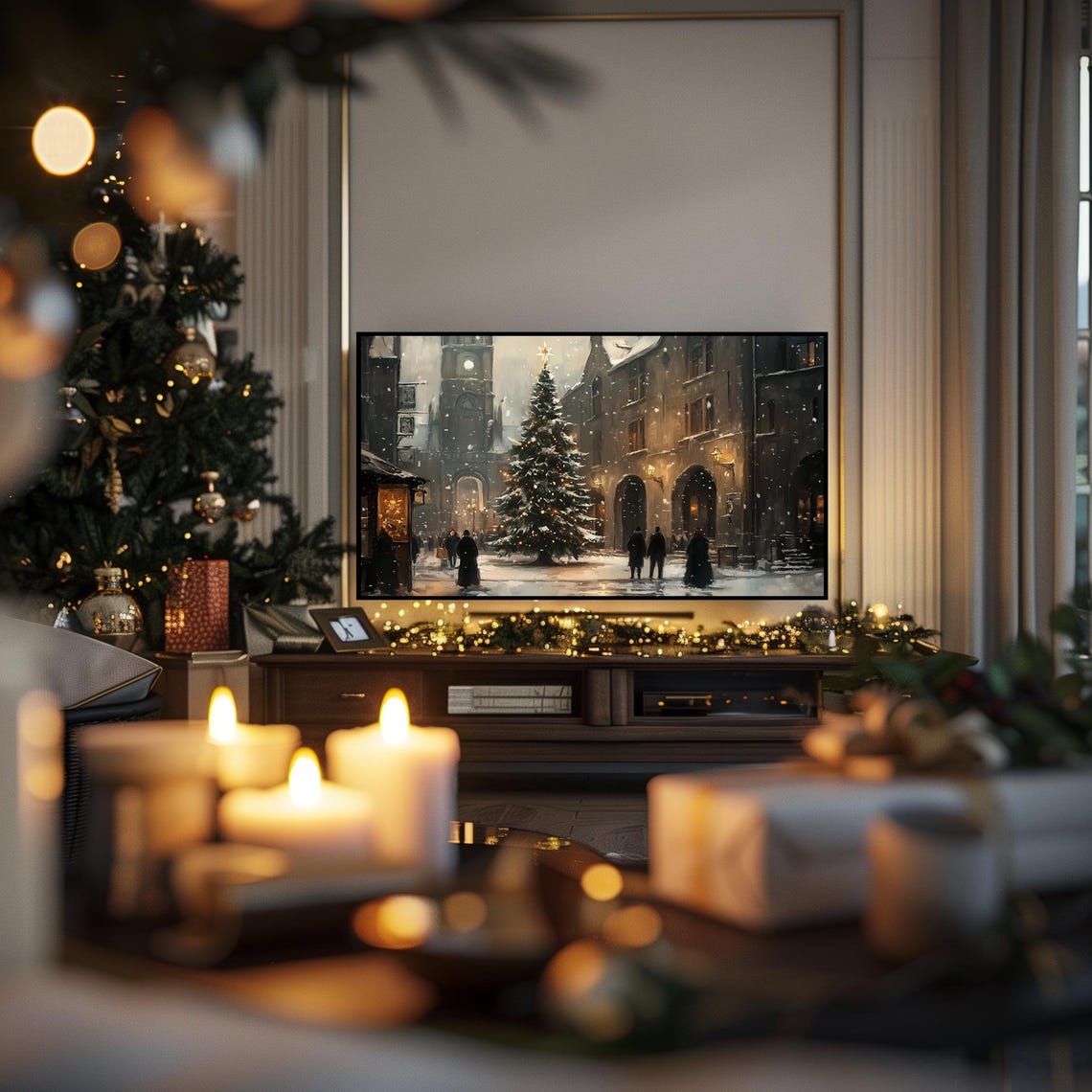 Christmas Town Frame Tv Art Navy Blue Winter Night Village Screensaver Holiday Houses Decor Cozy Christmas Aesthetic Art Tv42 - Image 2