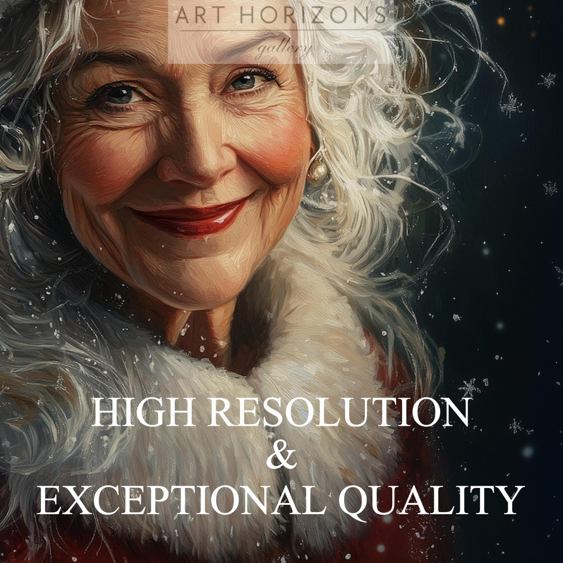 Mrs Claus Portrait Red Hat Smiling Snowy Night Christmas Print - Image 3