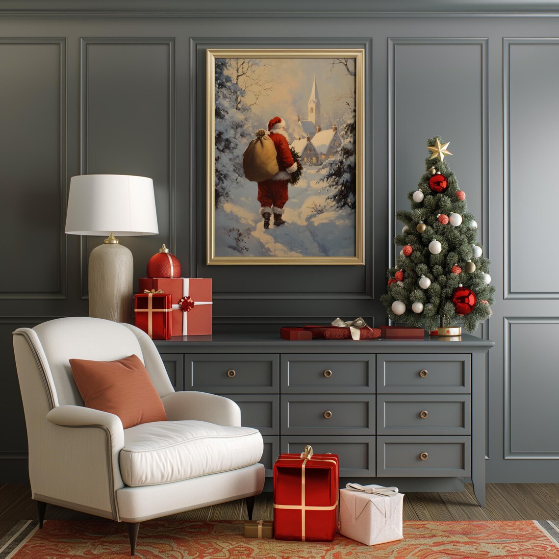 Santa Claus Print Vintage Styled Christmas Wall Art Christmas Scene Painting Christmas Snowy Village Painting A11 - Image 2