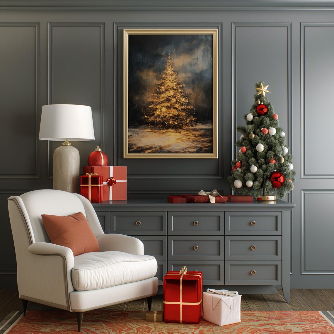 Golden Glowing Christmas Tree Against Dark Moody Night Sky Art Print - Image 2