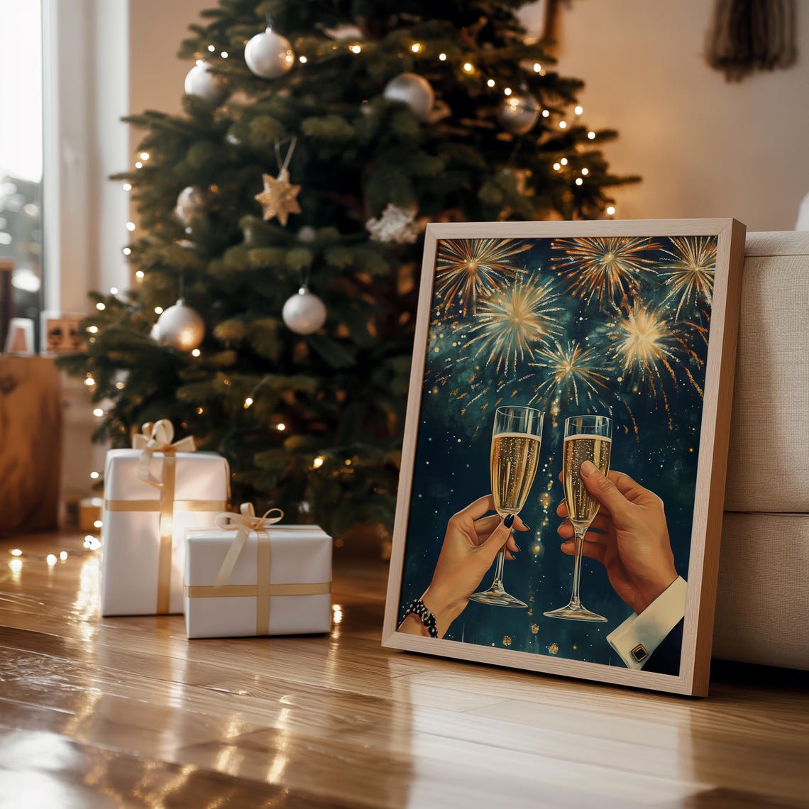 New Year Champagne Toast Fireworks Night Retro Celebration Print - Image 4