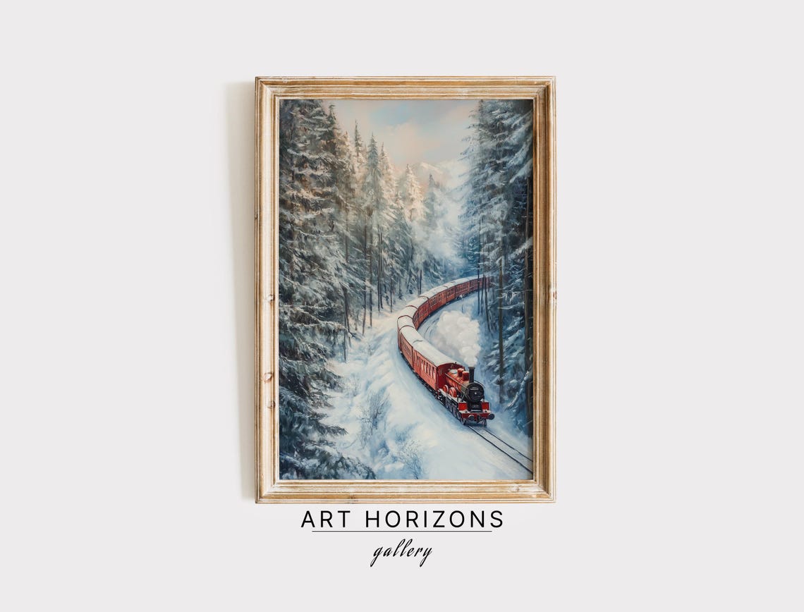 Red Christmas Train Curving Snowy Pine Forest Winter Railroad Wall Art